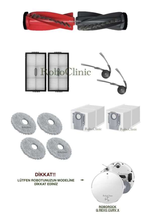 Roborock Qrevo CurvX Yedek Ana Fırça, Yan Fırça, HEPA Filtre, Mop, Toz Torbası - 12 Parça